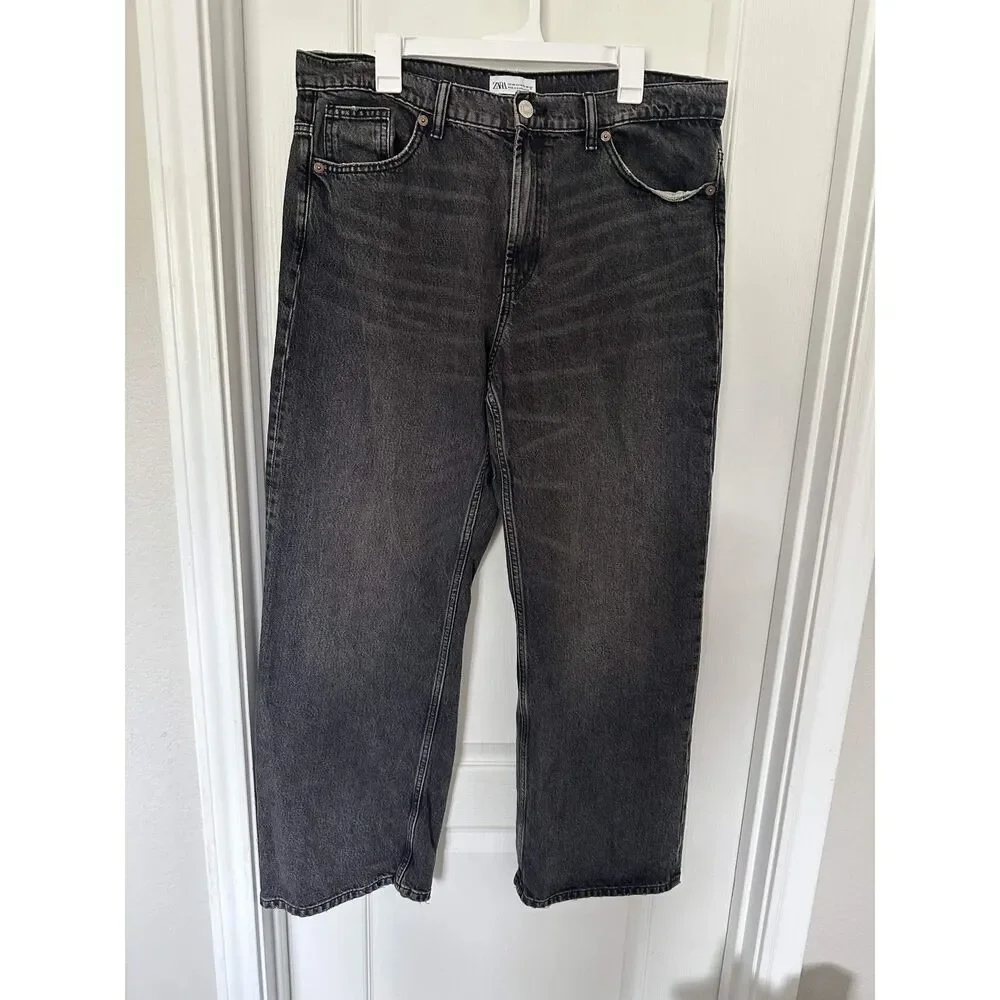 ZARA Black Washed Wide Leg Straight Jeans Women's Size 14 - Picture 3 of 6